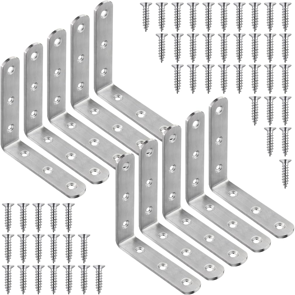 10 Pcs L Bracket Corner Braces 4x4 Inch Heavy Duty Stainless Steel Shelf Brackets, 90 Degree Wall Hanging Support Joint Right Angle Hardware for Wood Shelves with Screws