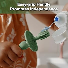 haakaa 360 Baby Toothbrush with Suction Base - Gentle Cleaning for Toddler\'s Self-Brushing Training, Food-Grade Silicone, Adjustable Safety Shield - Jade (1 Piece)
