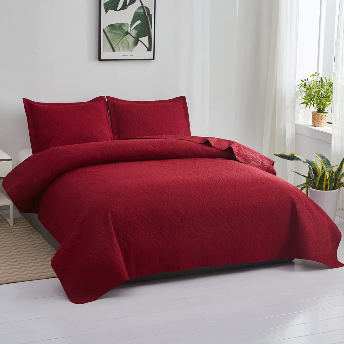Oliven Burgundy Quilts Full/Queen Size Lightweight Microfiber Bedspraed Solid Color Quilt Set Ultra Soft Breathable Coverlet Floral Pattern Bedding with 2 Pillow Shams