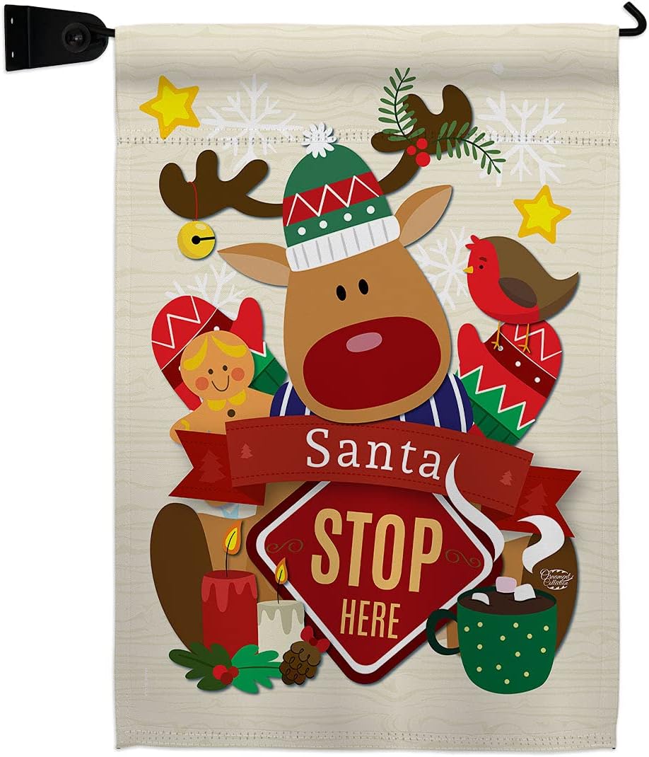 Santa Stop Here Burlap Garden Flag Wintertime Christmas Marry Xmas Present Reindeer Season Snow Small Decorative Gift Yard House Banner Double-Sided Made In USA 13 X 18.5