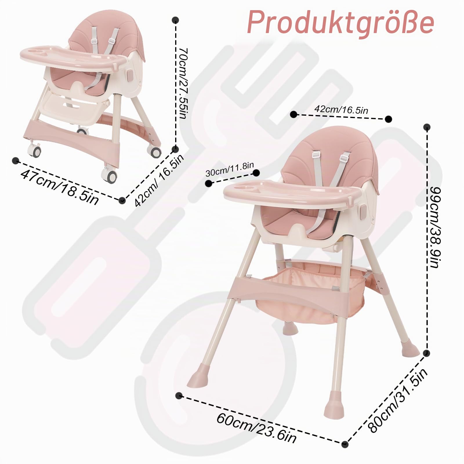 Hochstuhl Baby 3 in 1 Babystuhl Kinderhochstuhl Verstellbar Klappbar Kinderstuhl mit Doppellagigem Abnehmbares Essteller, 3 Position Rückenlehne, 5-Punkt-Sicherheitsgurt, Mitwachsend ab 6 Monate, Rosa