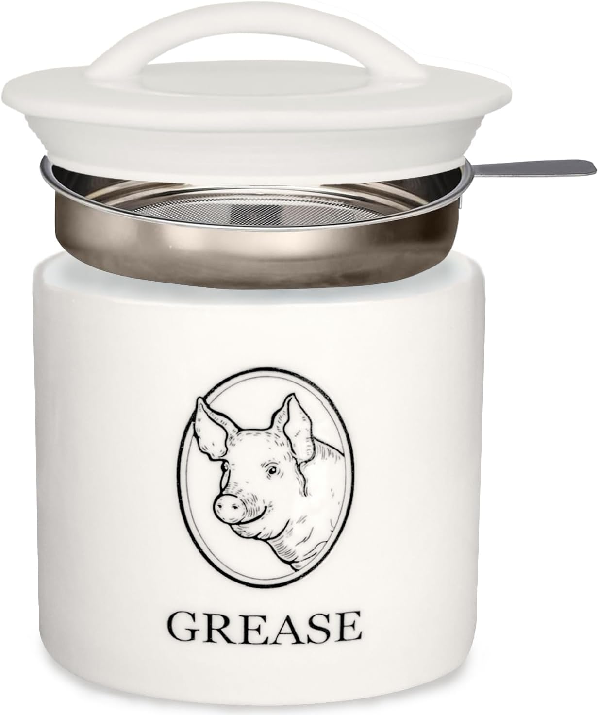 Bacon Grease Saver with Strainer - Food-Grade Ceramic Hot Grease Container with Lid - Heat Resistant White Ceramic Canister for Bacon Fat Storage - Kitchen Must Have - 24 Oz