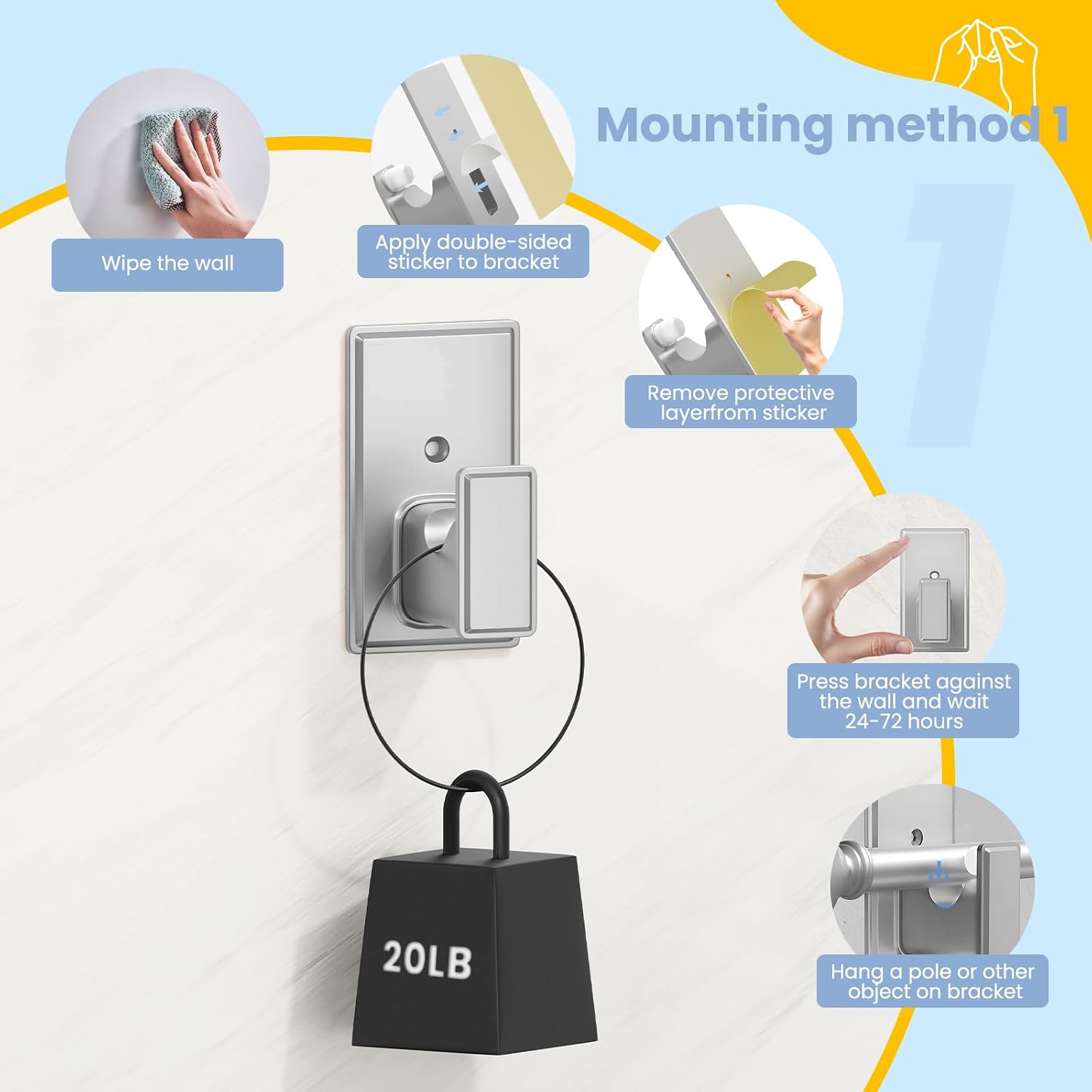 TKZTKZ No Drilling Curtain Rod Brackets:Self Adhesive Curtain Rod Holders for Rod 5/8" No Nail,Easy Peel and Stick Curtain Rod Hooks No Drill for Bathroom, Livingroom, Kitchen,Dorm,Door(Silver,4PCS)