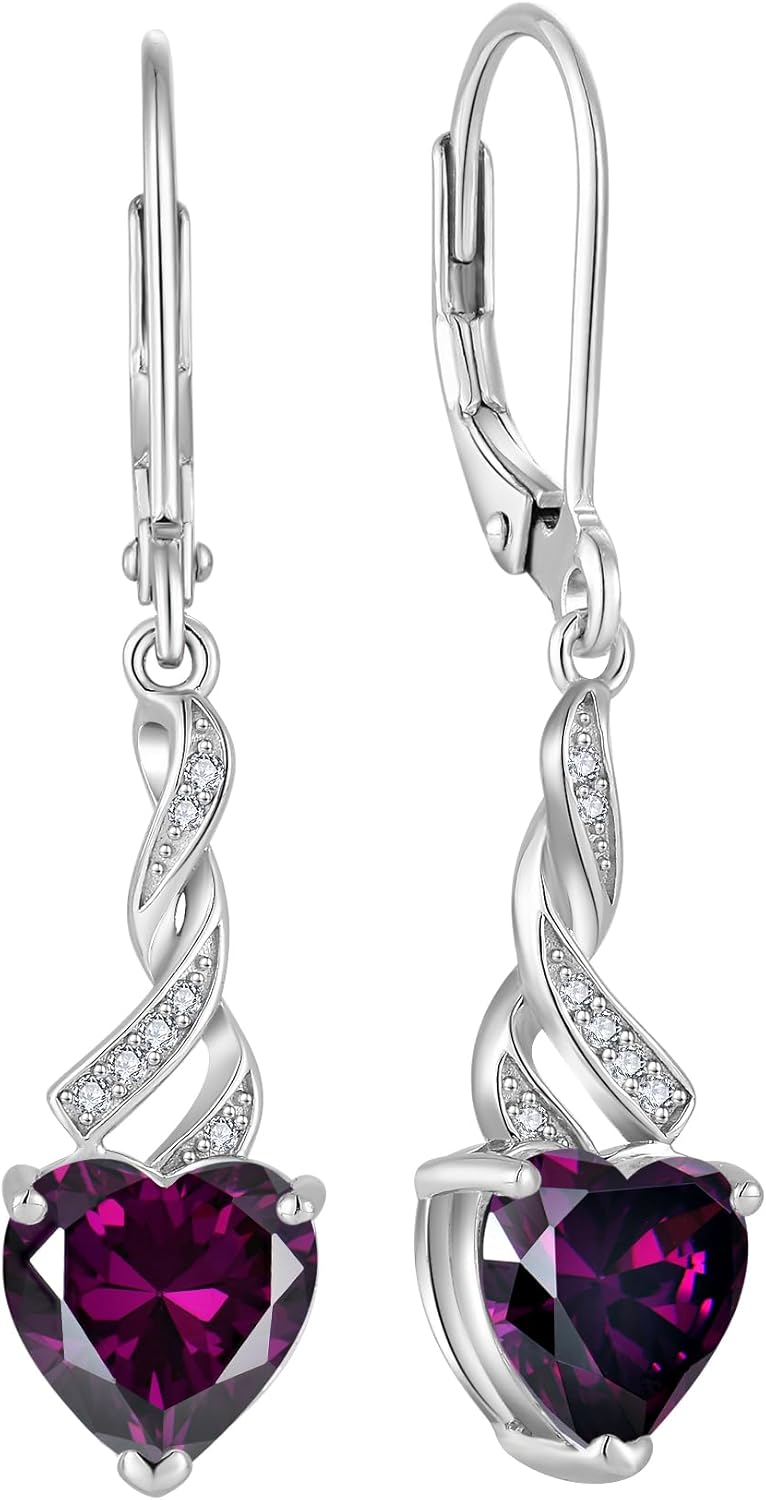Women Heart Earrings 925 Sterling Silver Birthstone Swirl Twist Dangle Drop Earrings Cubic Zirconia for Her Birthday