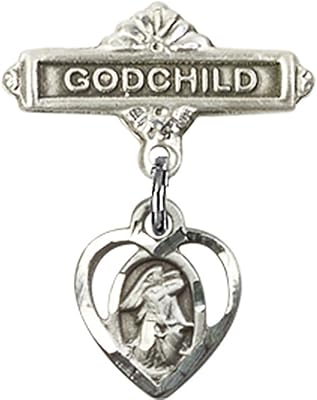 Sterling Silver Baby Badge with Guardian Angel Charm and Godchild Badge Pin 7/8 X 5/8 inches