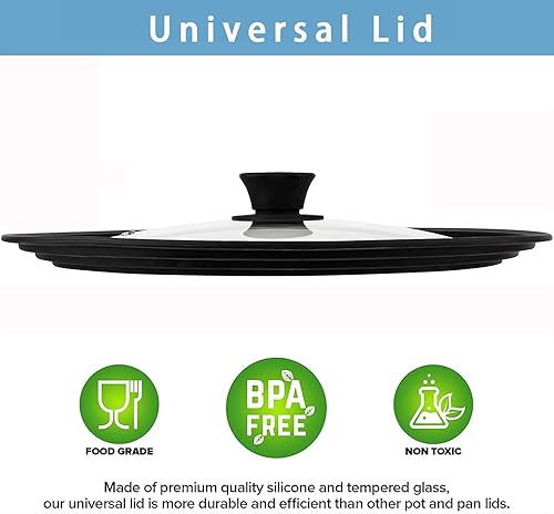 Miniatura 5 de Tapas universales para ollas, sartenes y sartenes se adapta a utensilios de cocina de 11, 12 y 12.5 pulgadas de diámetro, vidrio templado con borde
