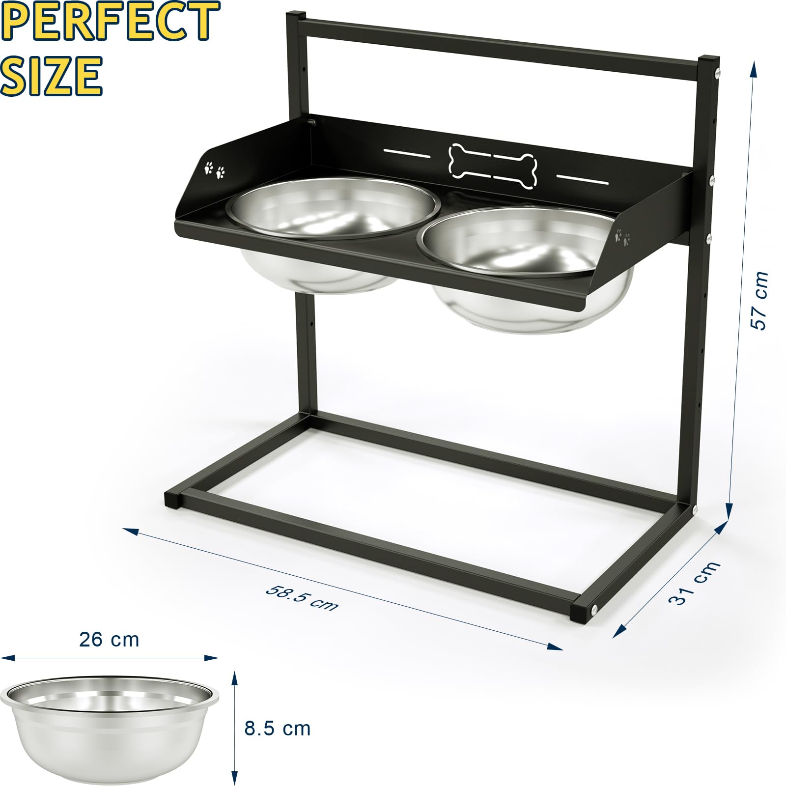 Comedero Elevado para Perros con Cercar de 7cm, Altura Ajustable en 5 Niveles, 2 Recipientes de Acero Inoxidable (3L x 2), Soporte Estable Comederos de Raza Gigante, Grande y Mediano