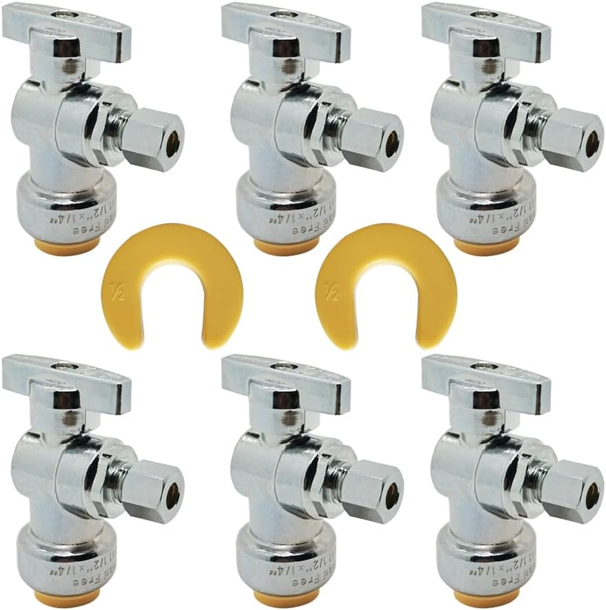HQMPC Angle Stop Valve, 1/2" Ptc x 1/4" No Lead Compression Push Fit Angle Shut Off Water Valve with Disconnect Clip, Push-to-Connect, PEX, Copper, CPVC 2Pcs …