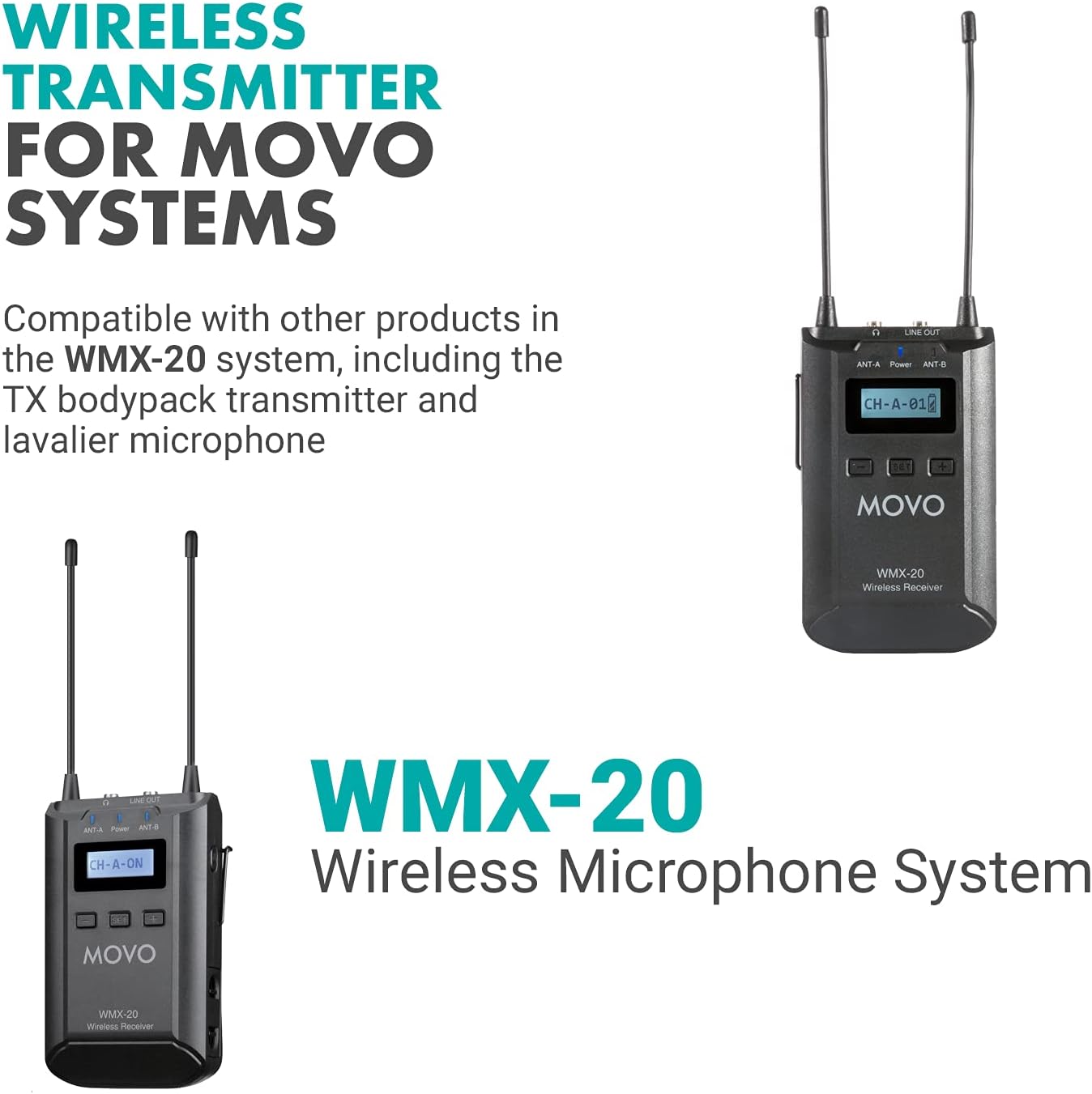 Movo WMX-20-RX Receiver for Wireless Lavalier Microphone System - For WMX-20 UHF Wireless Microphone System - Pairs w/ 2x Lapel Microphone Wireless Transmitters - Headphone Monitoring for Wireless Mic