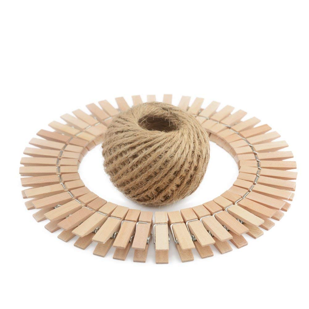 COOLAKE Wooden Clothes Pins 1.38 Inch 100 Pack Mini Photo Paper Peg Clips With Jute Twine 100 Feet for Pictures Strings Art Craft Photo Hanging