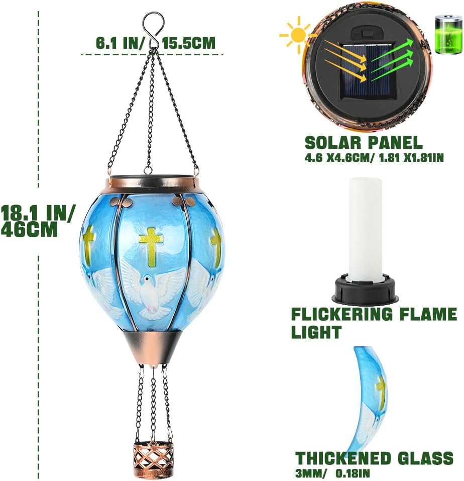 Christian Hot Air Balloon Solar Lantern - Cross & Pegion Stained Glass Lantern, Simulated Flickering & Dancing Flame, Outdoor Hanging Yard Light Waterproof IP65 for Patio Lawn Porch Decor Gift