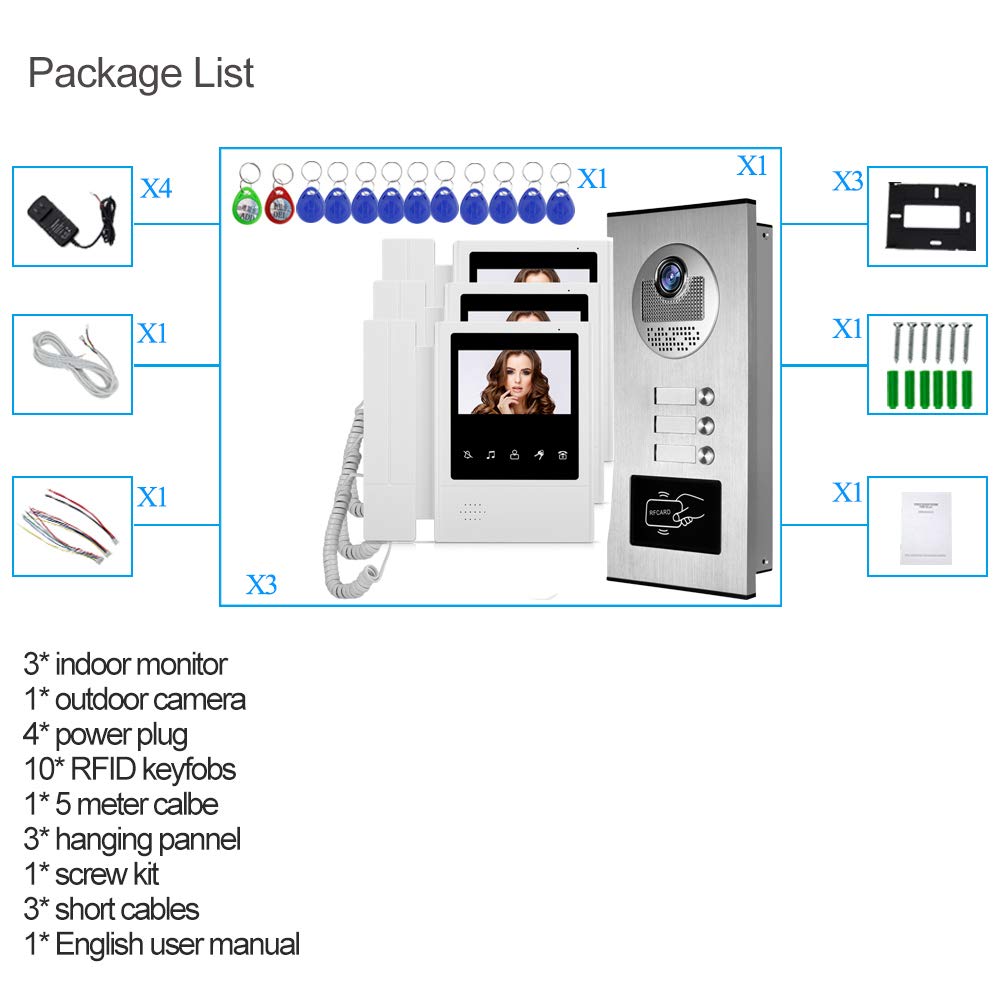 Kit de Sistema de Intercomunicación con Video de 4.3 ", Timbre de la Cámara de Acceso RFID + 3 Monitores Interiores para 3 Apartamentos/Hogar