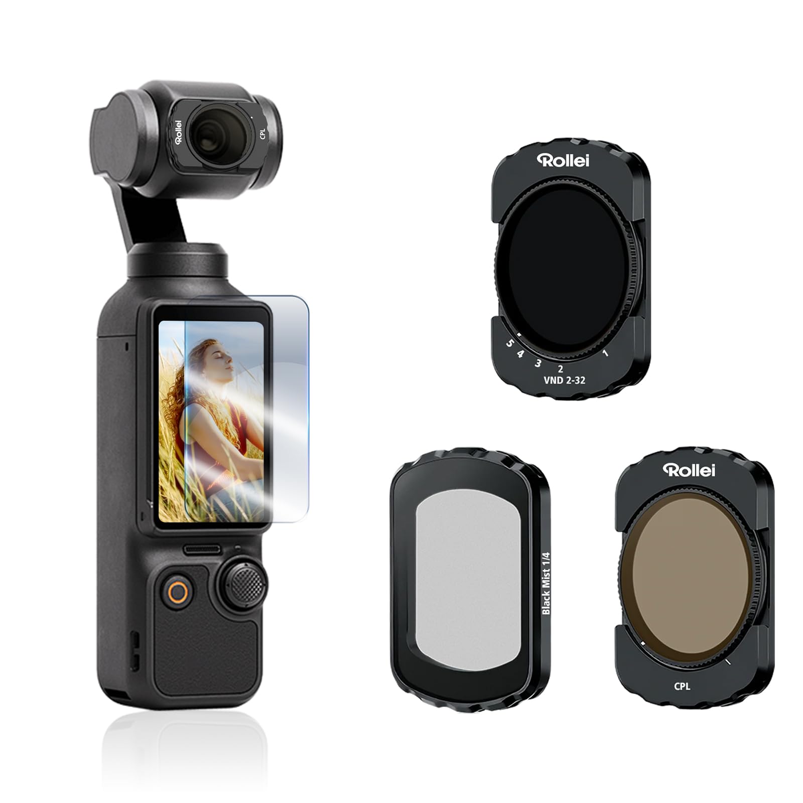 Rollei Magnetisches Filter Set Kompatibel mit DJI Osmo Pocket 3, Osmo Pocket 4, 3 in 1 Filters ND 2-32 + CPL + Black Mist 1/4 mit Optisches Glas Nano Beschichtungen, DJI-Pocket-3-4-Zubehör