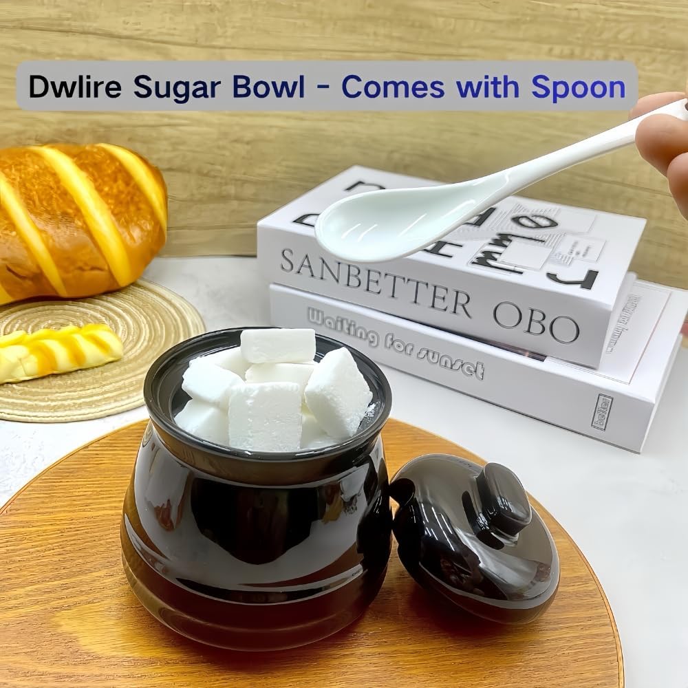 Ceramic Sugar Bowl with Lid and Spoon,12 oz Porcelain Sugar Jar Sugar Dispenser, Sugar Salt Container for Home and Kitchen Countertop Canisters, Black