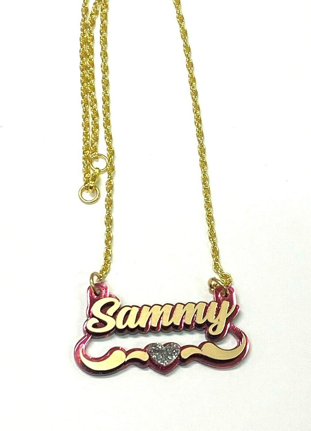 MIRROR MANIA Name Plate Custom Script Name Necklace Nameplate Laser Cut Personalized, Diamond Look Letters with Swirls Design, Gold Chain and Heart, Made To Order Any Name - Dazzling and Stunning!
