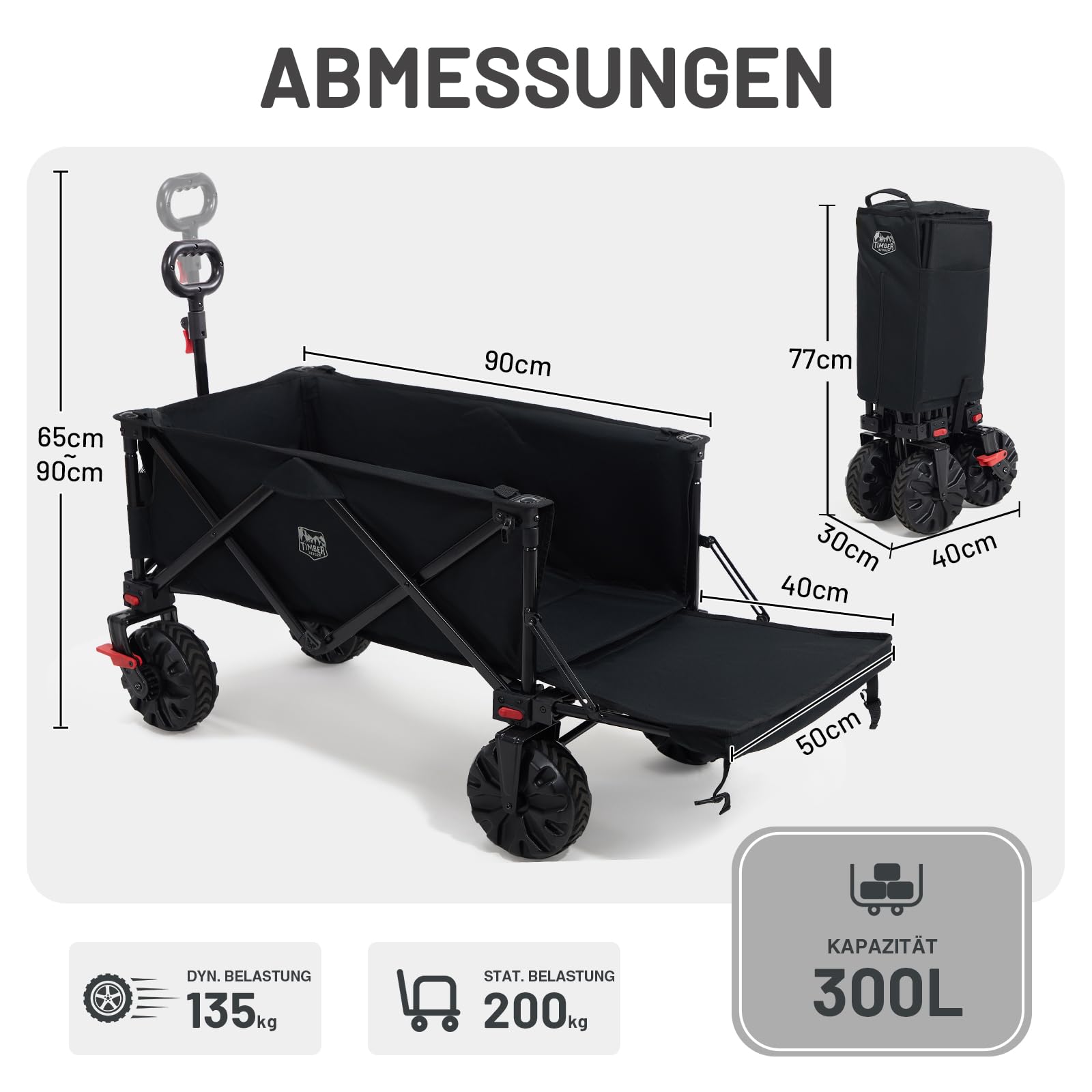 TIMBER RIDGE XXXL Bollerwagen Faltbare 300L Extra Langer mit Faltbarer Heckklappe Handwagen mit Seitentasche Getränkehalter verstellbarem Griff, Gartenwagen Transportwagen für Alle Gelände