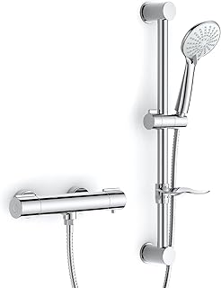 FORIOUS Thermostatic Shower Mixer Set, Cool Touch Design with 60cm Stainless Steel Riser Rail & Sliding Shower Head Holder, 3 Spray Modes, 38°C Safety Lock, Water-Saving, Chrome