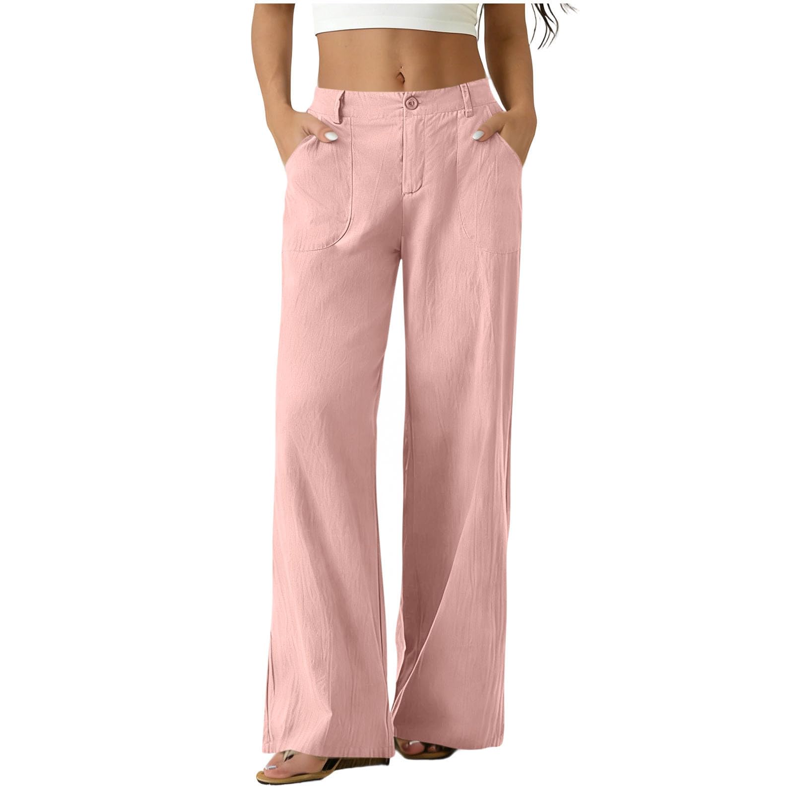 Pantaloni Donna Estivi in Cotone e Lino Eleganti Elastico Vita Alta Pantaloni Lino Donna Larghi Curvy Leggeri e Comodi a Gamba Larga Casual Yoga Pantalone Gamba Dritta con Tasche per Business Ufficio