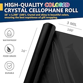 PerkHomy Colored Cellophane Wrap Roll 16 x 100\' 3 Mil Thick Cellophane For Gift Basket Treats Goodie Wrapping Craft Flower Bouquet Plastic (Black, 100ft (16in Width))