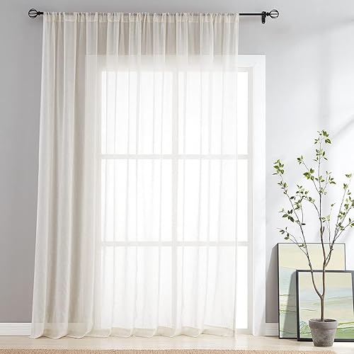 FMFUNCTEX Cortinas de lino transparente para puerta corrediza para dormitorio, cortinas beige de 84 pulgadas de largo, cortinas de ventana para sala