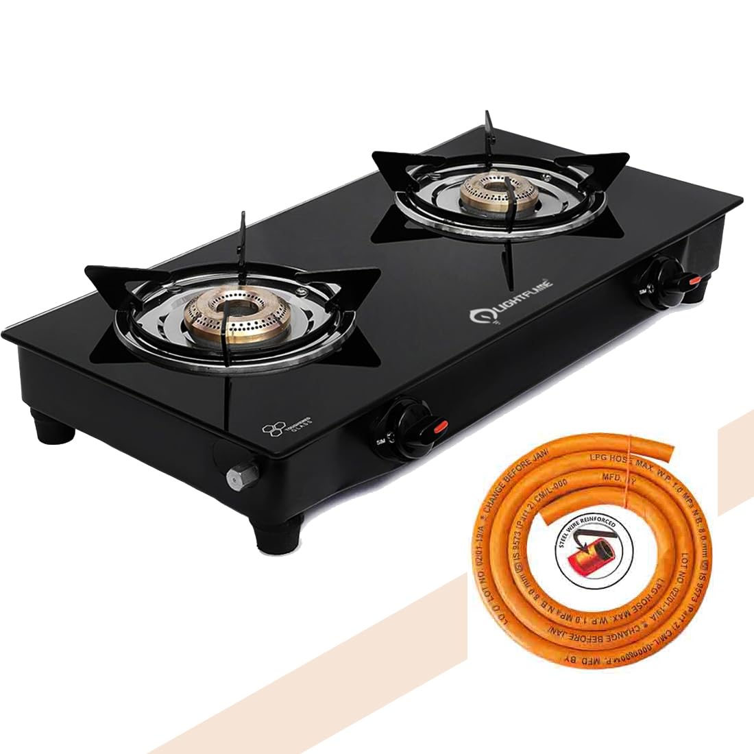 LIGHTFLAME Fire Glass Top with LPG Hose Pipe Combo, 2 Burner Gas Stove, Manual Ignition (ISI Certified)