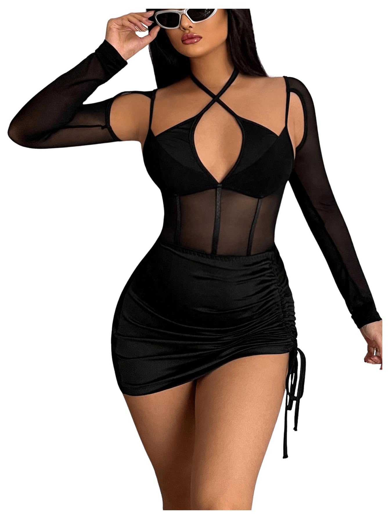OYOANGLE Womens Two Piece Outfits Long Sleeve Cut Out Halter Mesh Bodysuits with Bodycon Mini Skirt
