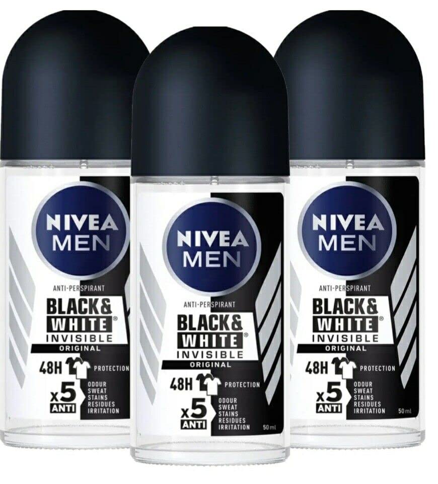 Nivea Roll On Men Deodorant Invisible Black and White Original Anti Perspirant 48 Hours Protection 50 ml pack of 3