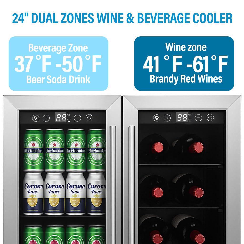 Doghly 24 Inch Wine And Beverage Refrigerator, Dual Zone Wine Cooler With Advanced Cooling, 176 Cans And 42 Bottles Capacity, Built-In Or Freestanding Beverage Fridge For Home, Bar, Kitchen on Fridge.com - View 3