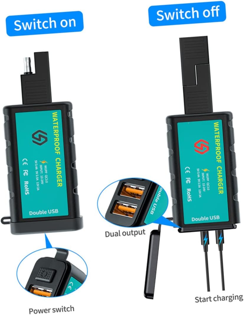 Motorcycle Charger SAE to USB Adapter 1.4m Cable Dual USB Ports for Your Devices