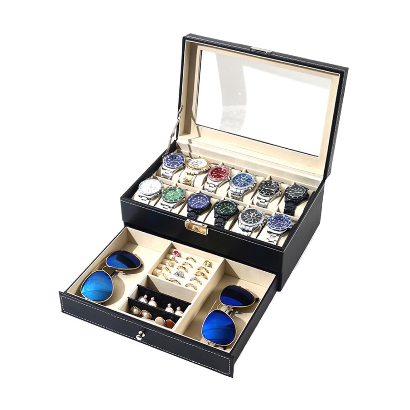 EKalgretrA Watch Case 12 Slot Lockable Watch Storage Boxes,Men Women's Jewelry Display Drawer Case, 2-Tier Organizer Showcase