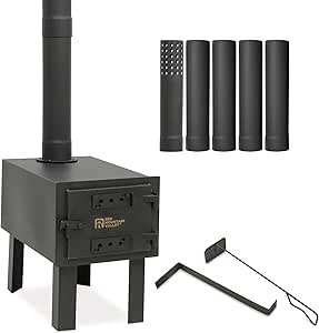 Red Mountain Valley Hot Tent Stove - Portable Outdoor Camping Wood Stove with Chimney Pipes and Dual Rakes