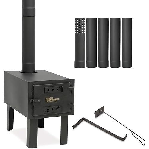 Red Mountain Valley Hot Tent Stove, Outdoor Camping Wood Stoves, Portable Hot Wood Burning stove with Chimney Pipes and 2 Dual Rakes, Wood stove for Outside Tent, Hunting and Camping