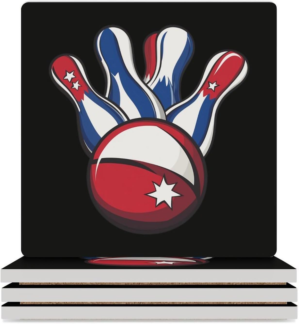 Bowling Pins and Ball Coasters for Drinks Square Ceramic Coasters Cup Mats with Cork Base