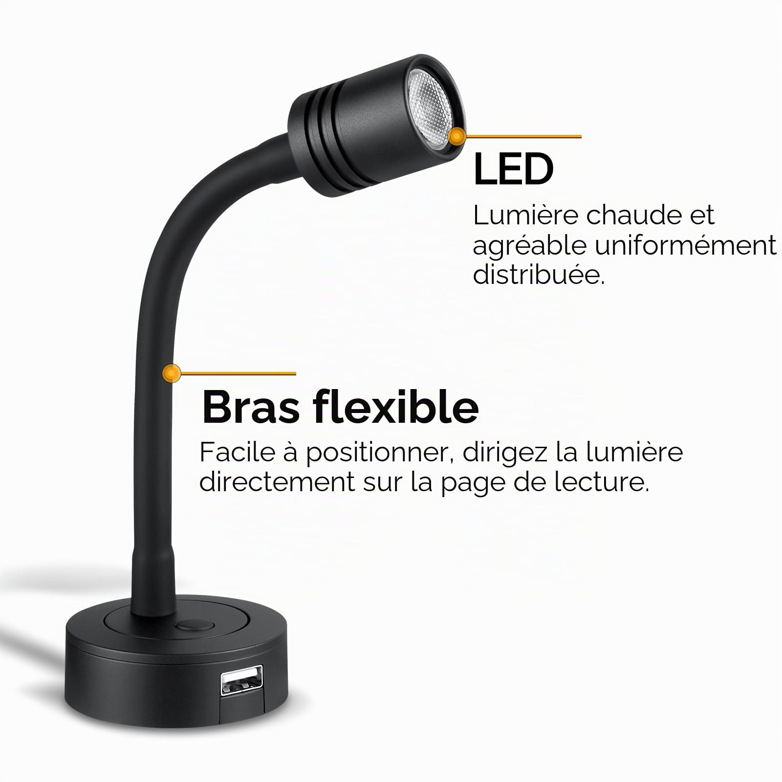 2 x Lampe de Lecture 12V LED Spot Camping-Car Flexible Col de Cygne Noir Luminosité Réglable Applique Murale DC24V 3200K pour Bateau Caravane Voiture Camion, avec USB & Variateur Interrupteur