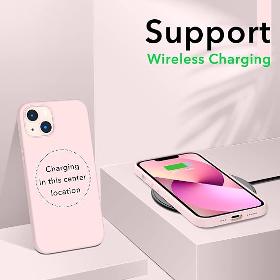 URUCHI iPhone 13 ile Uyumlu Kılıf, İçi Kadife Kaplamalı İnce Sıvı Silikon Tam Koruma Yumuşak Jel Silikon Kapak, Pudra Pembe