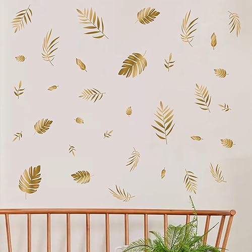 Miniatura 2 de Calcomanías de pared de hojas doradas, calcomanías de pared de hojas botánicas para despegar y pegar para sala de estar y dormitorio