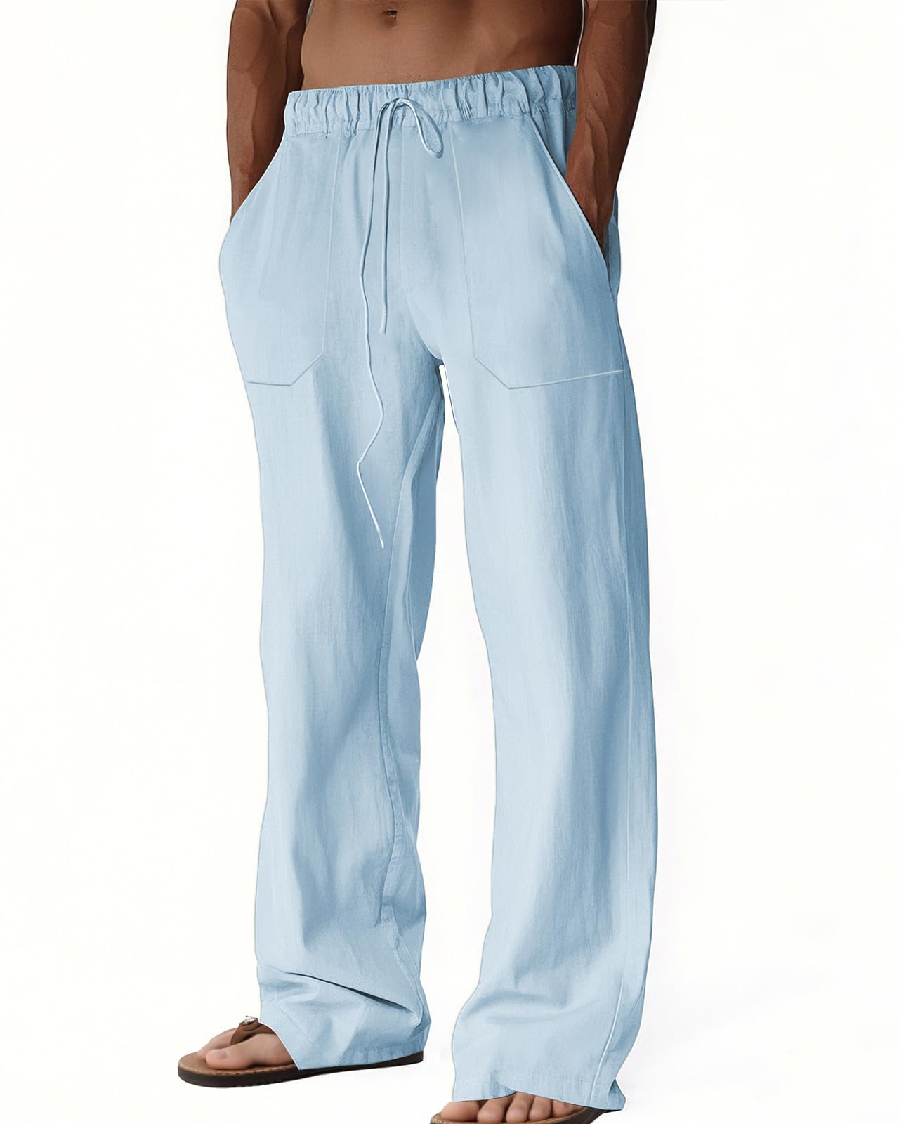 Mens Casual Linen Pants Summer Beach Trousers Loose Fit Straight-Legs Elastic Drawstring Waist Yoga Trousers