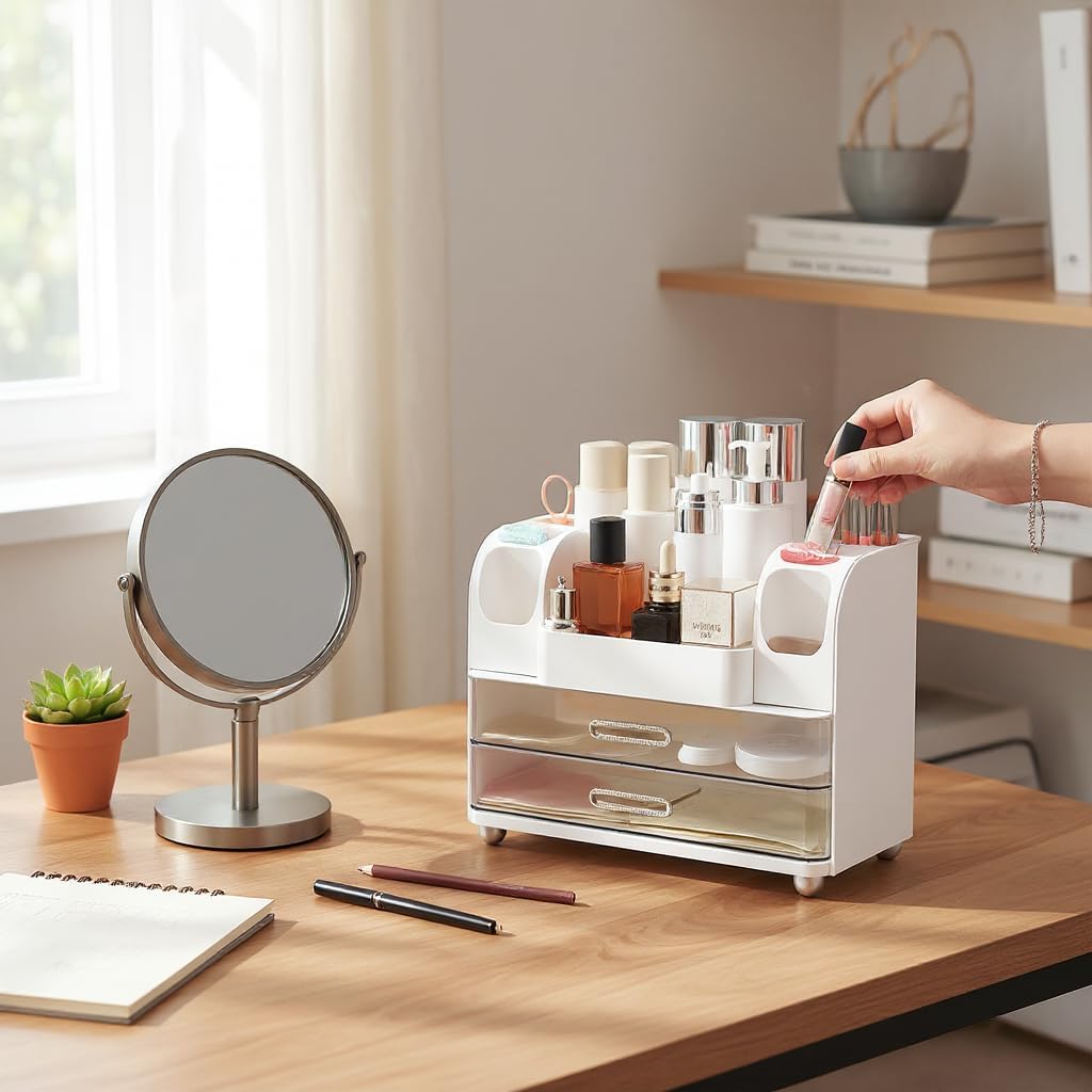 Large Makeup Organizer Countertop with Drawers, Make Up Organizer for Vanity, Makeup Storage Organizer Countertop Makeup Organizers for Skincare, White