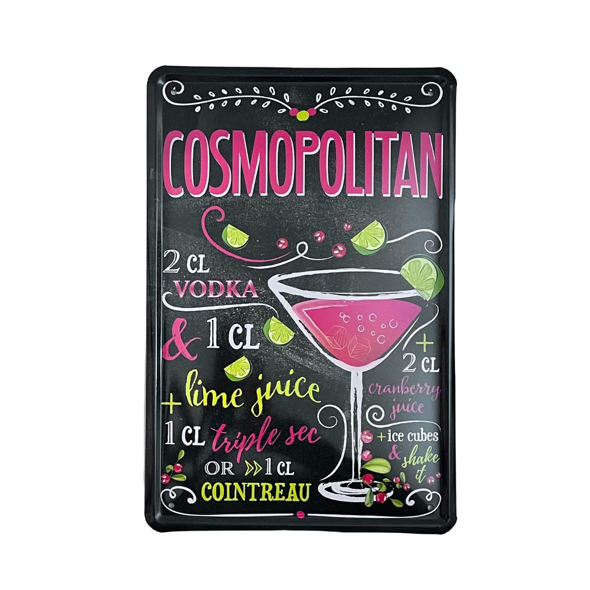 Metal Tin Sign - Cosmopolitan Cocktail Recipe - Wall Plaque Retro Vintage 30X20 Cm Decorative For Bar Pub Dining Room Kitchen Bedroom Office Garage Funny Stylish Gift