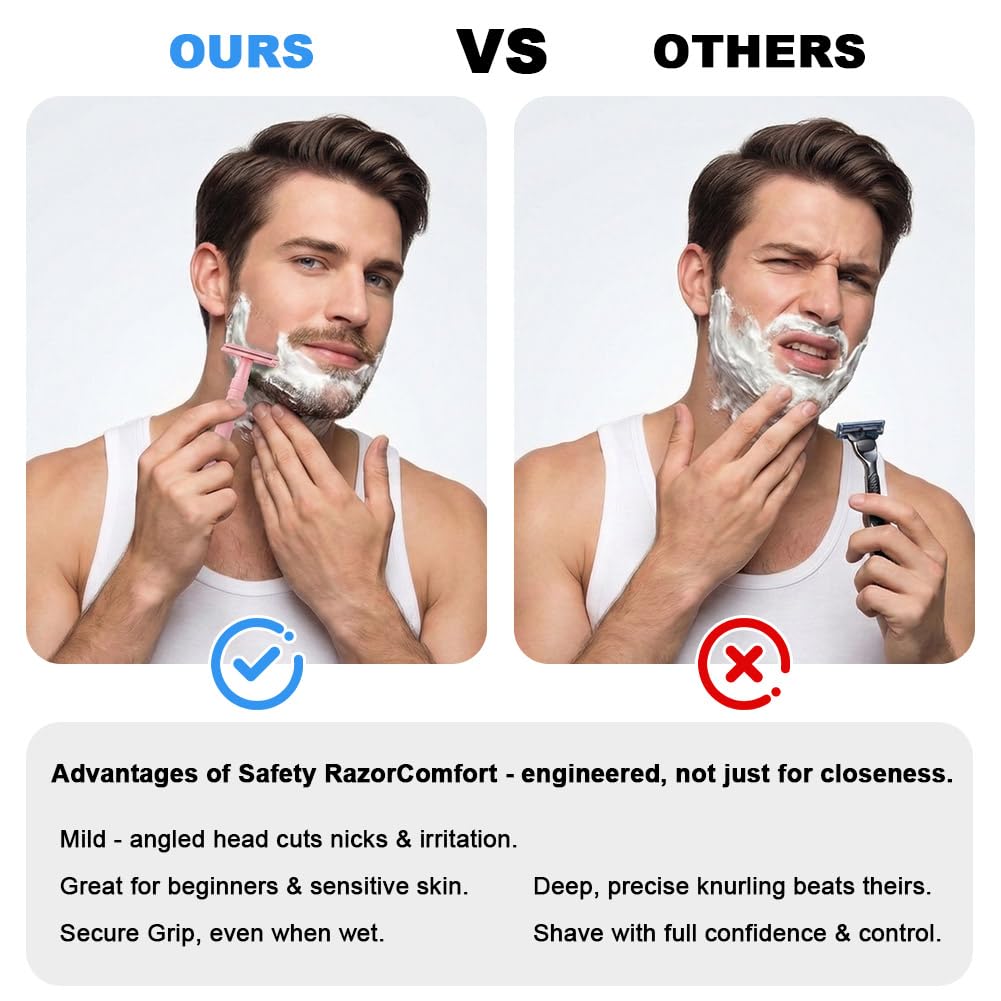 AOOWU Golarka damska z 10 zapasowymi ostrzami, maszynka do golenia dla mężczyzn z antypoślizgowym uchwytem, metalowa golarka, bezpieczna i wielokrotnego użytku, do delikatnego i precyzyjnego golenia