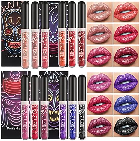 12 Pcs Matte Liquid Lipstick Set Lip Makeup, Glitter Diamond Shining Lip gloss 24 Hour Long Lasting Waterproof Halloween Makeup Lipsticks Gift Set for Women