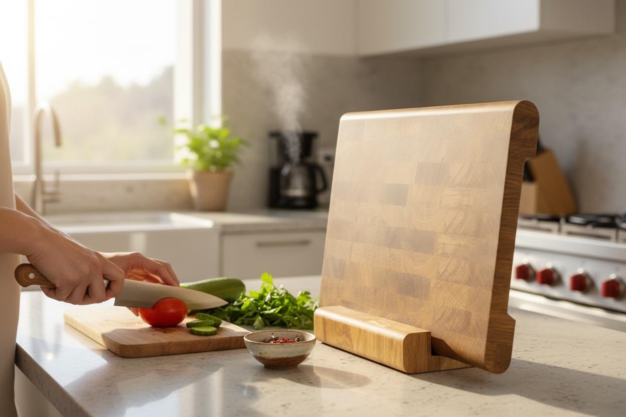 B4K Tagliere in legno di quercia, 40 × 30 cm, massello di legno di cervello con supporto, antibatterico, con manici, scanalatura e piedini in silicone, perfetto per cucina, carne e barbecue