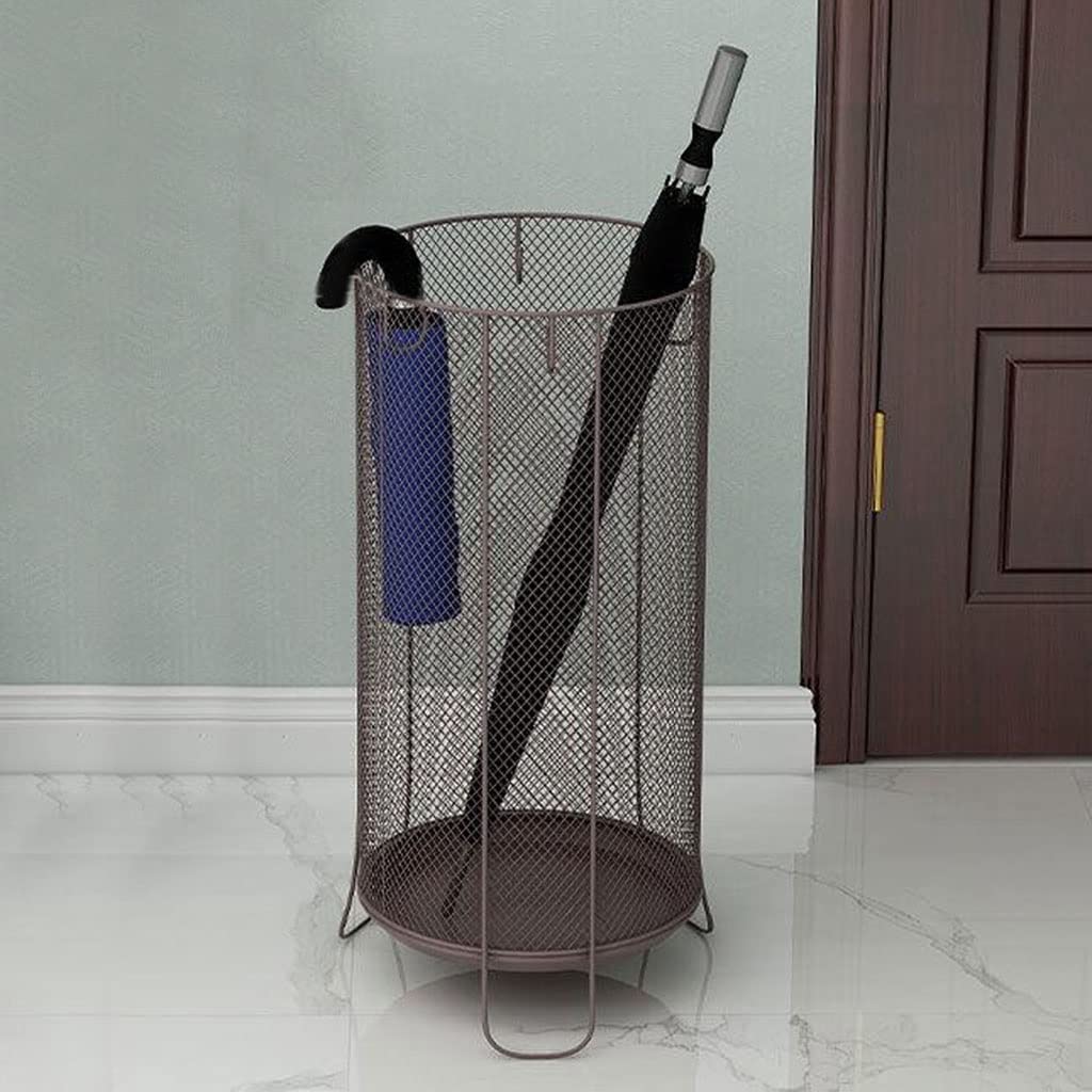 SaryEdge Metal Mesh Umbrella Rack Stand - Modern Round Holder for Entryway with Fixed Hooks, Two Sizes for Canes, Folding Umbrellas, Wrapping Paper - Indoor Um,Brown-26x26x60cm