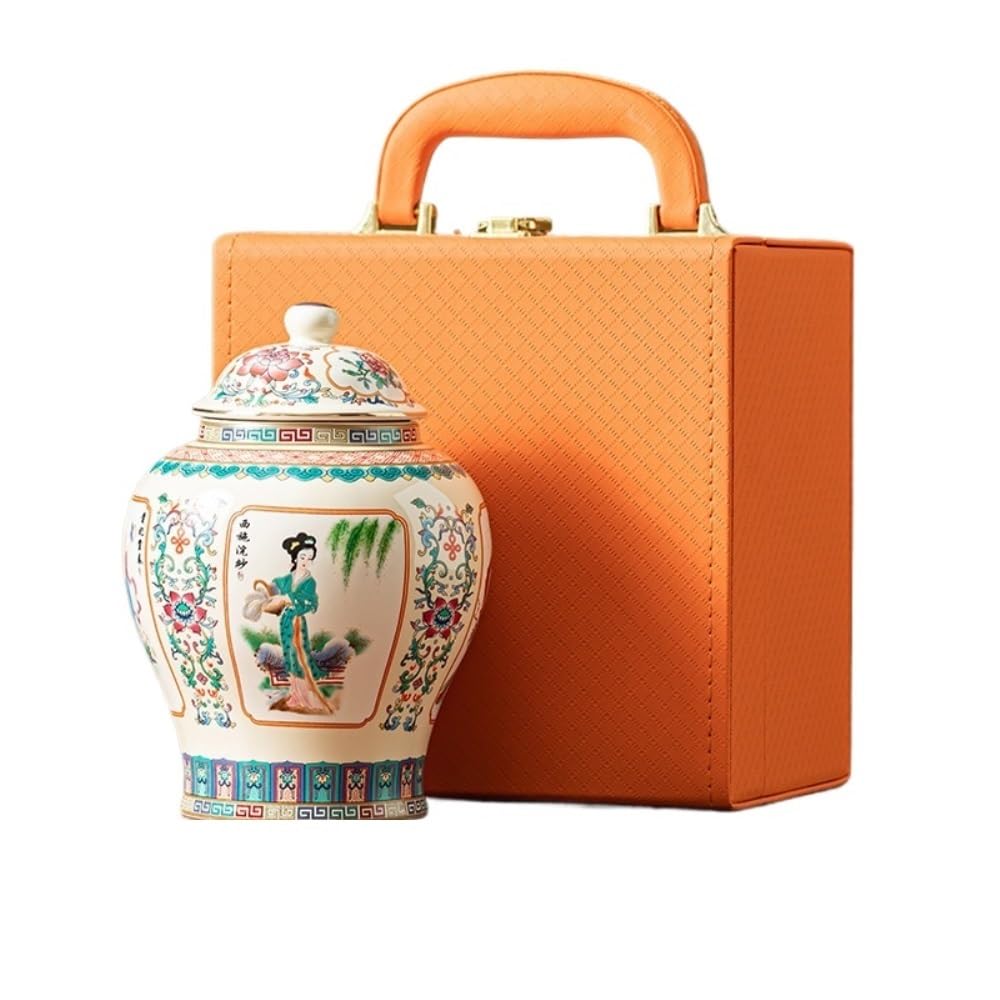 Lata de té Tarro de cerámica esmaltada for almacenar té a Granel, Tarro Redondo for el hogar, Sellado, Juego Chino, Caja Regalo un Solo Carrito de té(C)