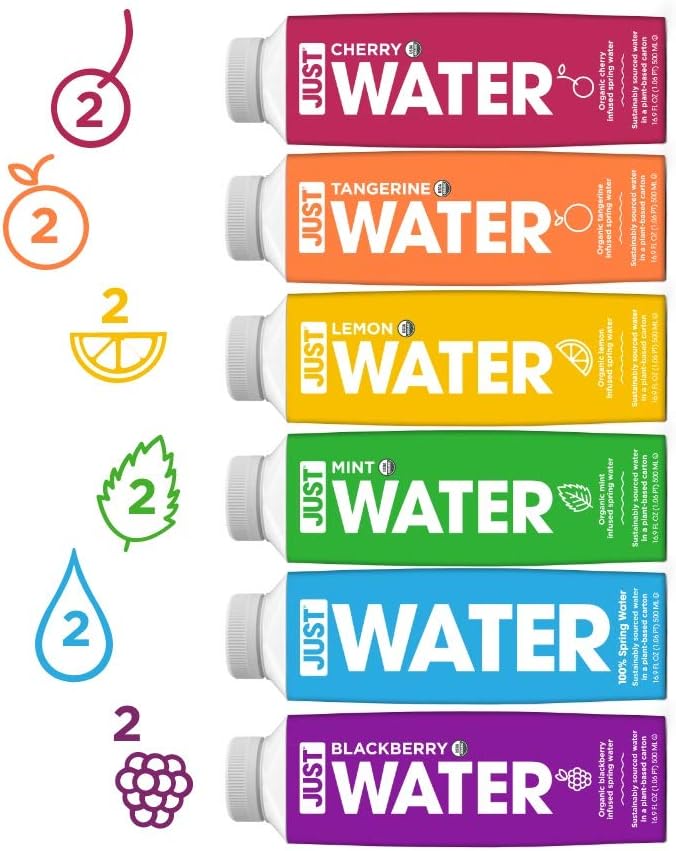JUST Water Flavor Sampler Pack | Spring Water Infused with Organic Fruit – Eco-Friendly Boxed Bottled Water | Zero Sugar, Artificial Flavors,or Sweeteners, Alkaline pH of 8.0 | 16.9 fl oz (Pack of 12)
