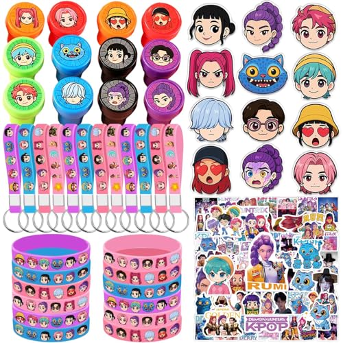 Bellicremas 128Pcs K Pop Demon Hunters Party Favors 12 Keychains 12 Bracelets 12 Badges 12 Stamps 80 Stickers | Birthday Party Decorations Goodie Bags Fillers for Kids Fans