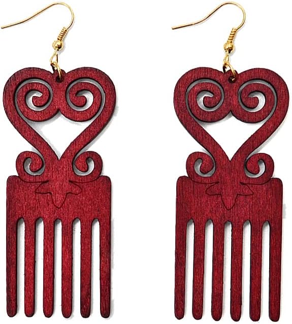 Vintage Natural Long Wood Comb Dangle Earrings Lightweight Ethnic African Carved Flower Heart Drop Earrings for Women Statement Wooden Jewelry