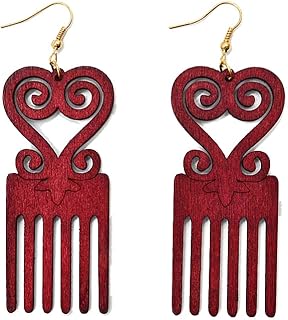 Vintage Natural Long Wood Comb Dangle Earrings Lightweight Ethnic African Carved Flower Heart Drop Earrings for Women Statement Wooden Jewelry