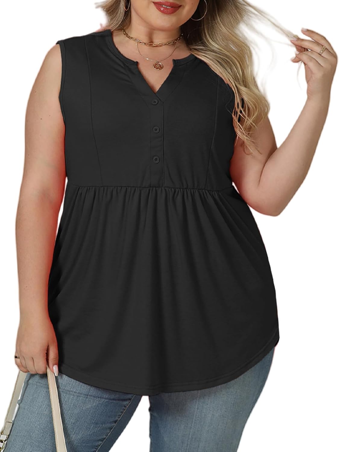 VISLILY Womens-Plus-Size-Sleeveless-Henley-Shirts Casual V Neck Summer Tank Tops Flowy Pleated Tunics Cute Buttons Up Blouses - Image 2