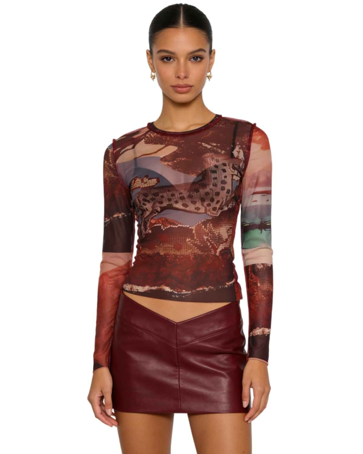 Women's Sheer Mesh Long Sleeve T Shirt Abstract Print Slim Fit Crew Neck Tops Sexy See Through T-Shirts Long Sleeve